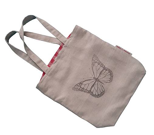 Nákupné tašky - Ľanová taška  (Natural-červené karo) - 15717200_