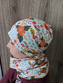 Detské čiapky - čiapka + nákrčník jednovrstvový set oranžová kvetinka - 15716440_