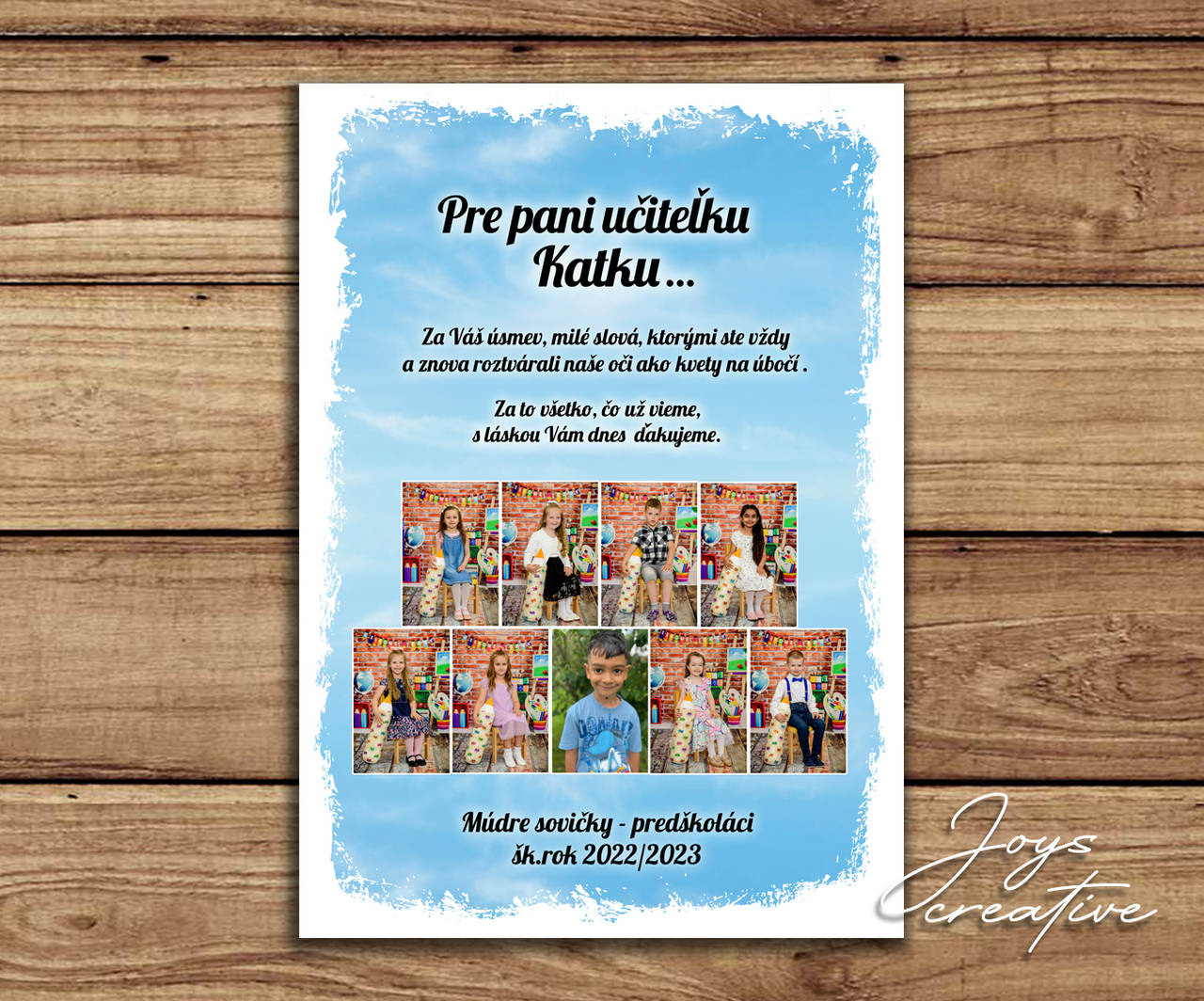 Poďakovanie na koniec školského roka, tabuľa s fotkou pre pani učiteľku (biely rám samostatné fotky detí)