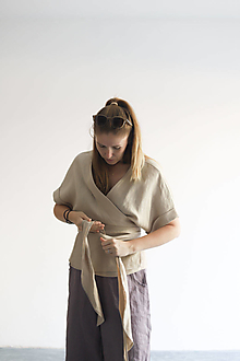 Kimoná - Zavinovacie ľanové kimono - krátky rukáv (iná zo vzorkovníka) - 15719410_