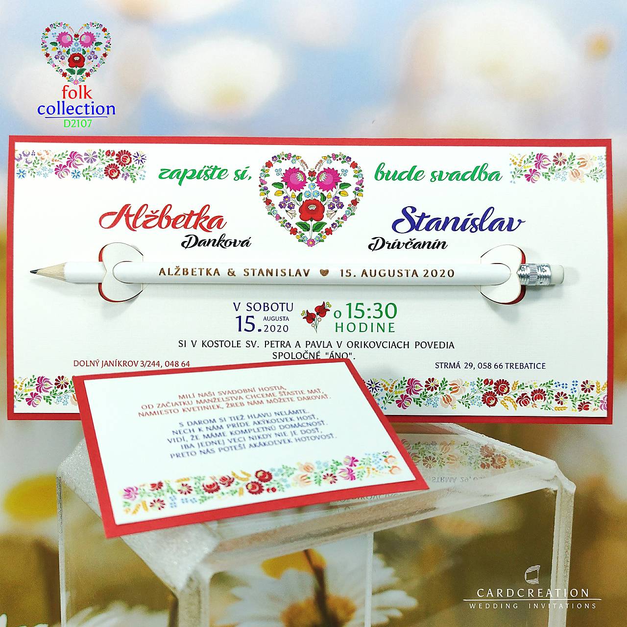 svadobné oznámenia s gravírovanou ceruzkou, folk d2107