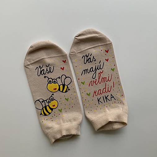 Maľované ponožky pre PANI UČITEĽKU včielok (béžové členkové)