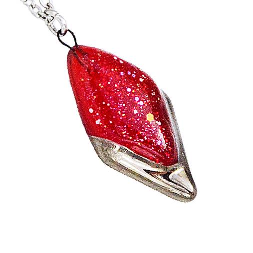 Červený náhrdelník, české sklo zdobené platinou a trblietkami, tvar kvapka