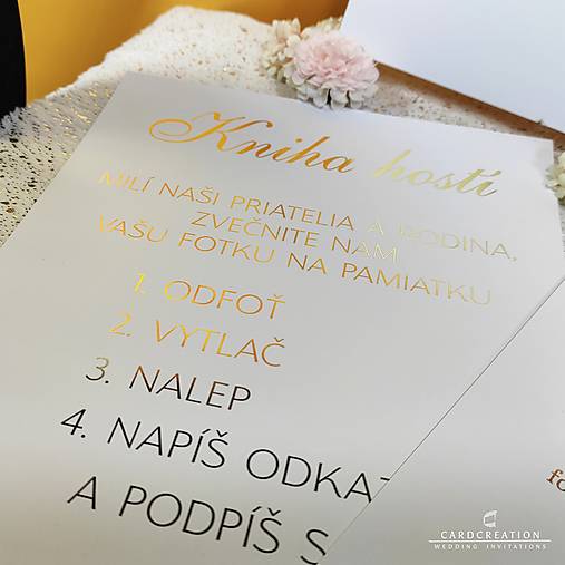 Zlatá informačná kartička - svadobná dekorácia ku knihe hostí
