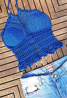 Topy, tričká, tielka - Letný háčkovaný top - modrý - 15725051_
