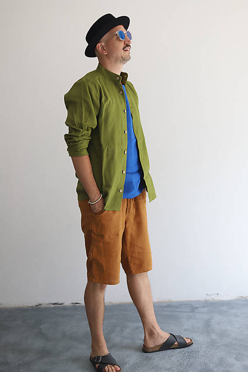 Pánske oblečenie - Pánska ľanová košeľa so stojačikom Vrabčiak - 15725650_