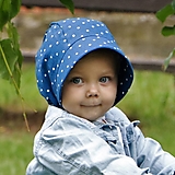 Detské čiapky - Letný detský ľanový čepiec bodka na modrej - 15726050_