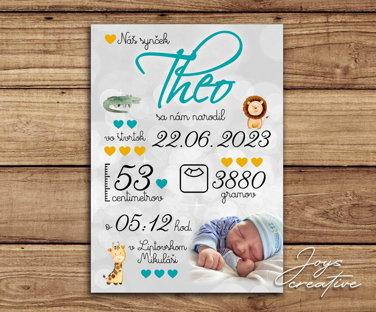 Detská tabuľka, tabuľka pre dieťa s údajmi o narodení dieťatka (sivé pozadie, safari zvieratká 38x27 cm)