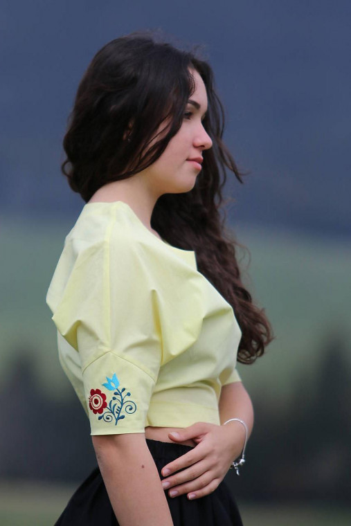 Topy, tričká, tielka - Vyšívaný crop top (Žltá) - 15731302_