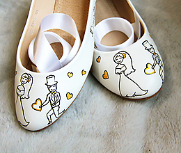 Ponožky, pančuchy, obuv - svadobné balerínky- zlaté srdiečka - 15732175_