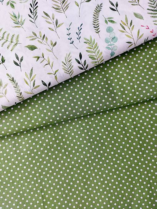 Textil - 100% bavlna, biele bodky 2mm na zelenej - 15743636_