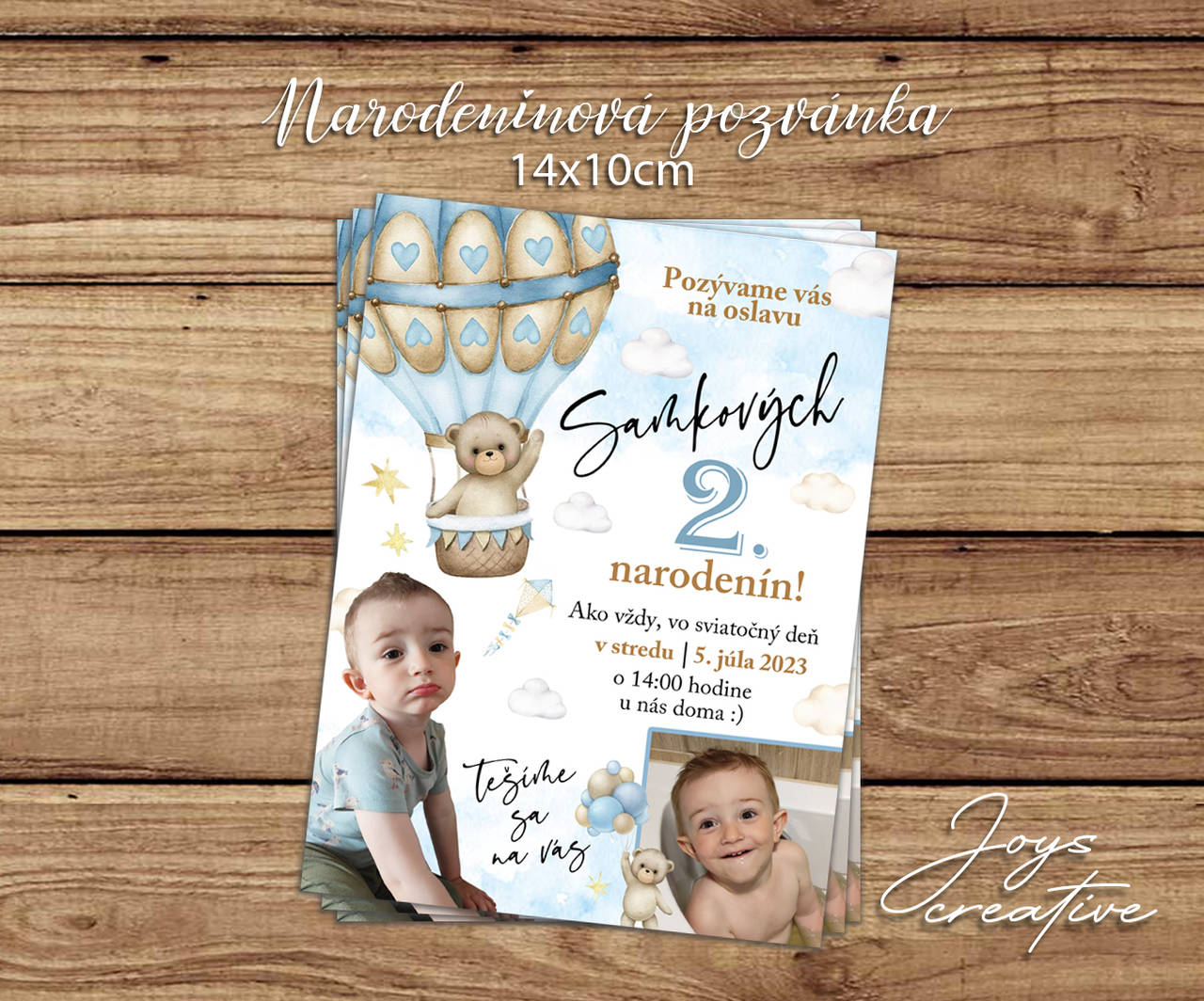 Pozvánka na narodeniny so vzdušným balónom, mackom a fotkami