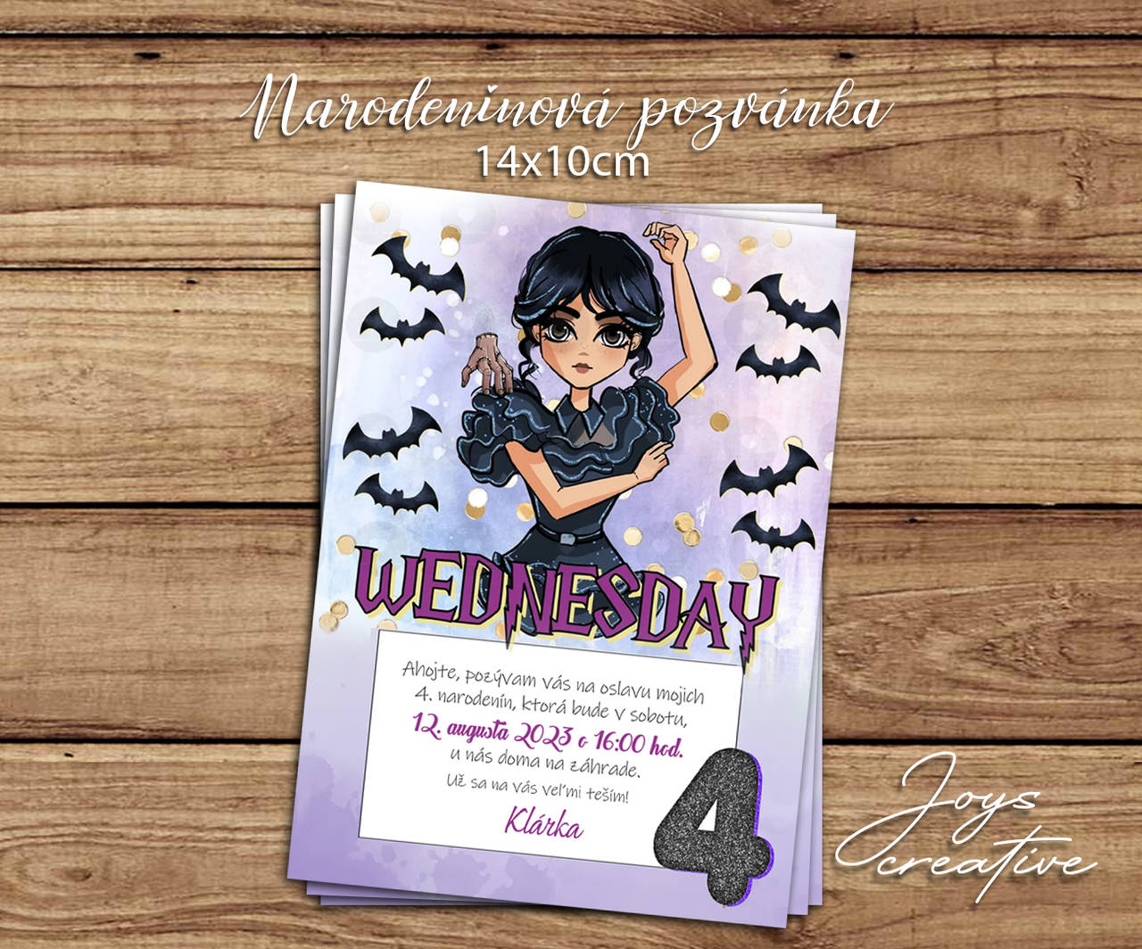 Pozvánka na narodeniny s Wednesday (dizajn s netopiermi)