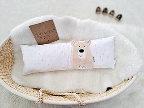 Detský textil - Podlhovastý vankúš 20x60cm CUTE šedé čiarky na bielej s béžovým  mackom - 15759171_