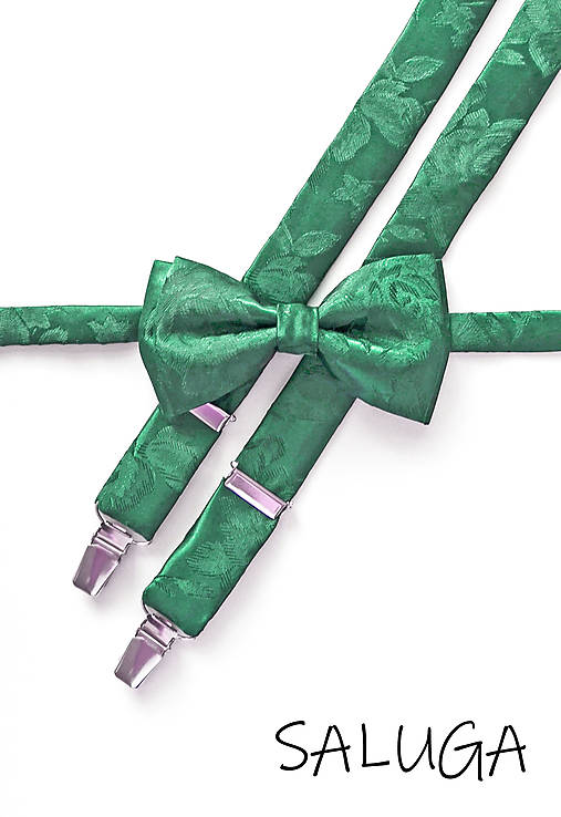  - Luxusný pánsky motýlik a traky  - zelený - smaragdový - vzorovaný - svadobný (detský set bez vreckovky (napíšte vek dieťaťa)) - 15758383_