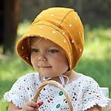 Detské čiapky - Letný detský ľanový čepček bodka na okrovej - 15766668_