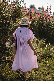 Šaty - Midi šaty s balónovými rukávmi (M-L - ružový pásik) - 15769749_