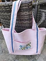 Veľké tašky - Ružová ľanová taška s modrou výšivkou - 15777075_