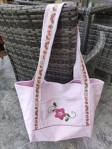 Veľké tašky - Ružová ľanová taška s červenou výšivkou - 15777092_