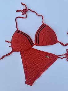 Plavky - Háčkované plavky červené s čiernymi pásikmi - 15783811_