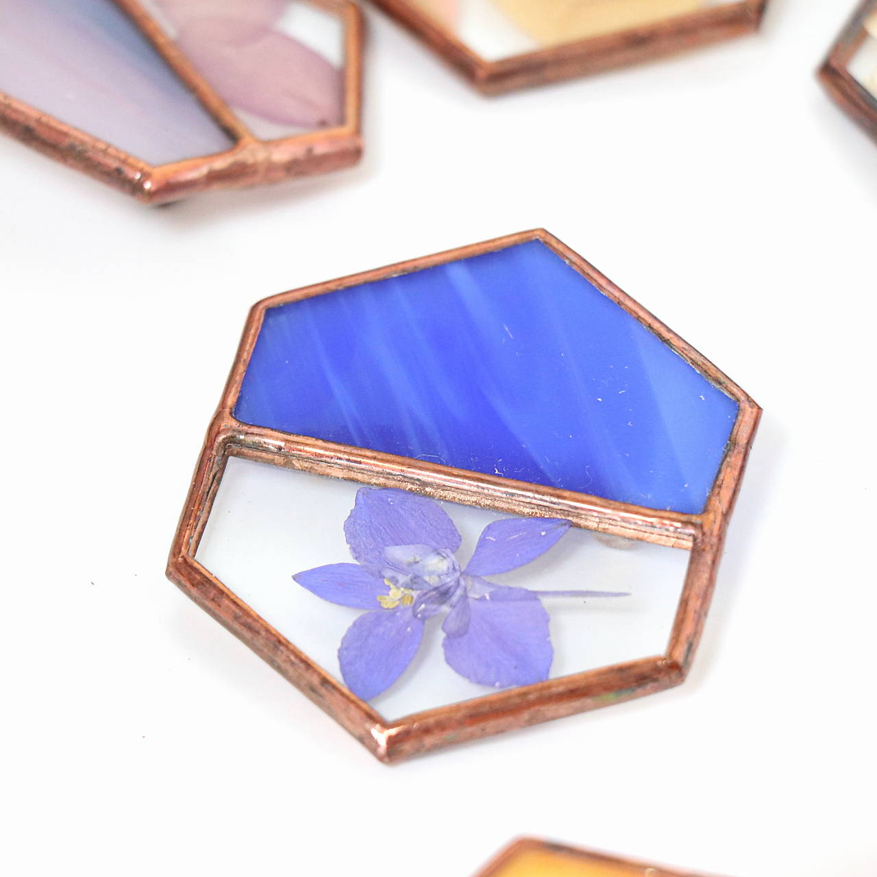 Vitrážová Brošňa HEXAGON väčšia (s rastlinkami)