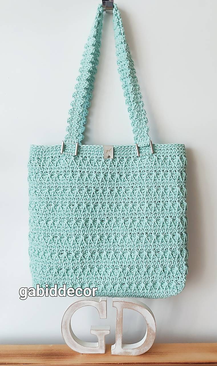Háčkovaná elegantná kabelka/taška na rameno (Mint/strieborné kovové úchytky na rúčky)