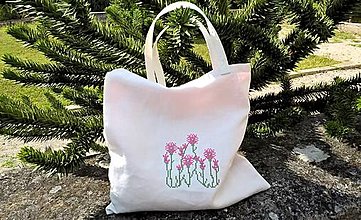 Veľké tašky - Ľanová béžová taška s ružovou výšivkou - 15810025_