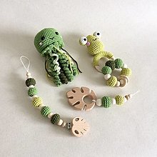 Detské súpravy - Zelený set hračiek s monsterou (2ks hryzátka + medúza + hrkálka + retiazka na cumlík) - 15812995_