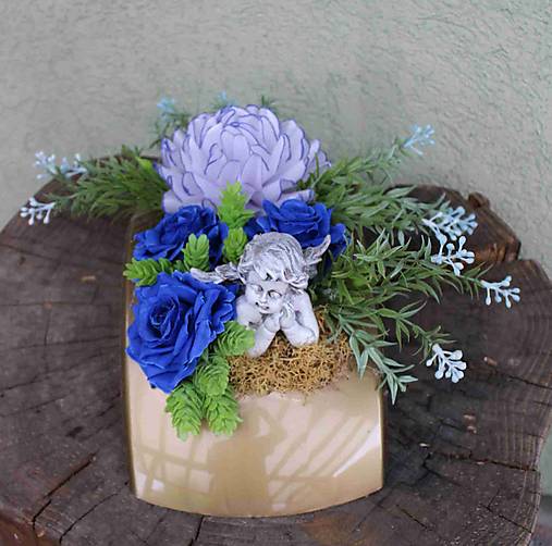 Iný materiál - Dušičky - ikebana na hrob s anjelikom Lydka, modrá - 15817090_