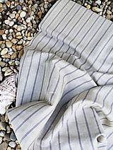 Textil - Ľanová látka-vzor rybej kosti a tenké modré pásiky - 15823210_
