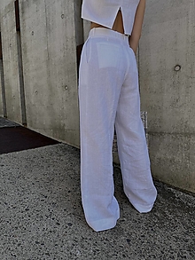 Nohavice - IVANA ľanové široké nohavice s vysokým pásom WHITE - 15827610_