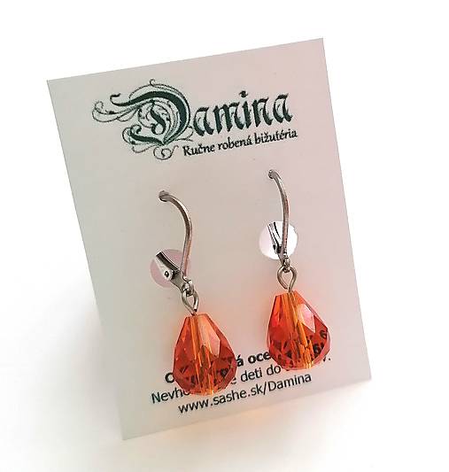 Náušnice - Brúsené kvapky 12 mm + oceľ (oranžová) - 15829110_