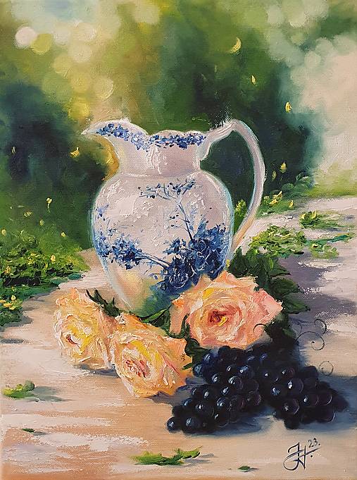 Obrazy - Ručne maľovaný obraz "Ruže a hrozno" - olejomaľba 30x40cm - 15831785_