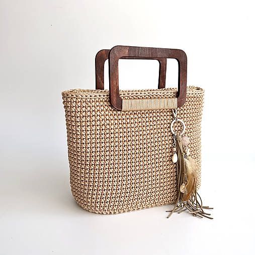  - Háčkovaná taška s drevenými rúčkami karamel - 15839114_