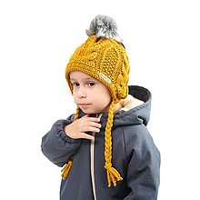Detské čiapky - Zimná pletená podšitá čiapka so šnúrkami - vrkoče horčicová - 15841773_