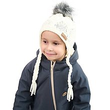 Detské čiapky - Zimná pletená podšitá čiapka so šnúrkami - smotanová - 15841779_