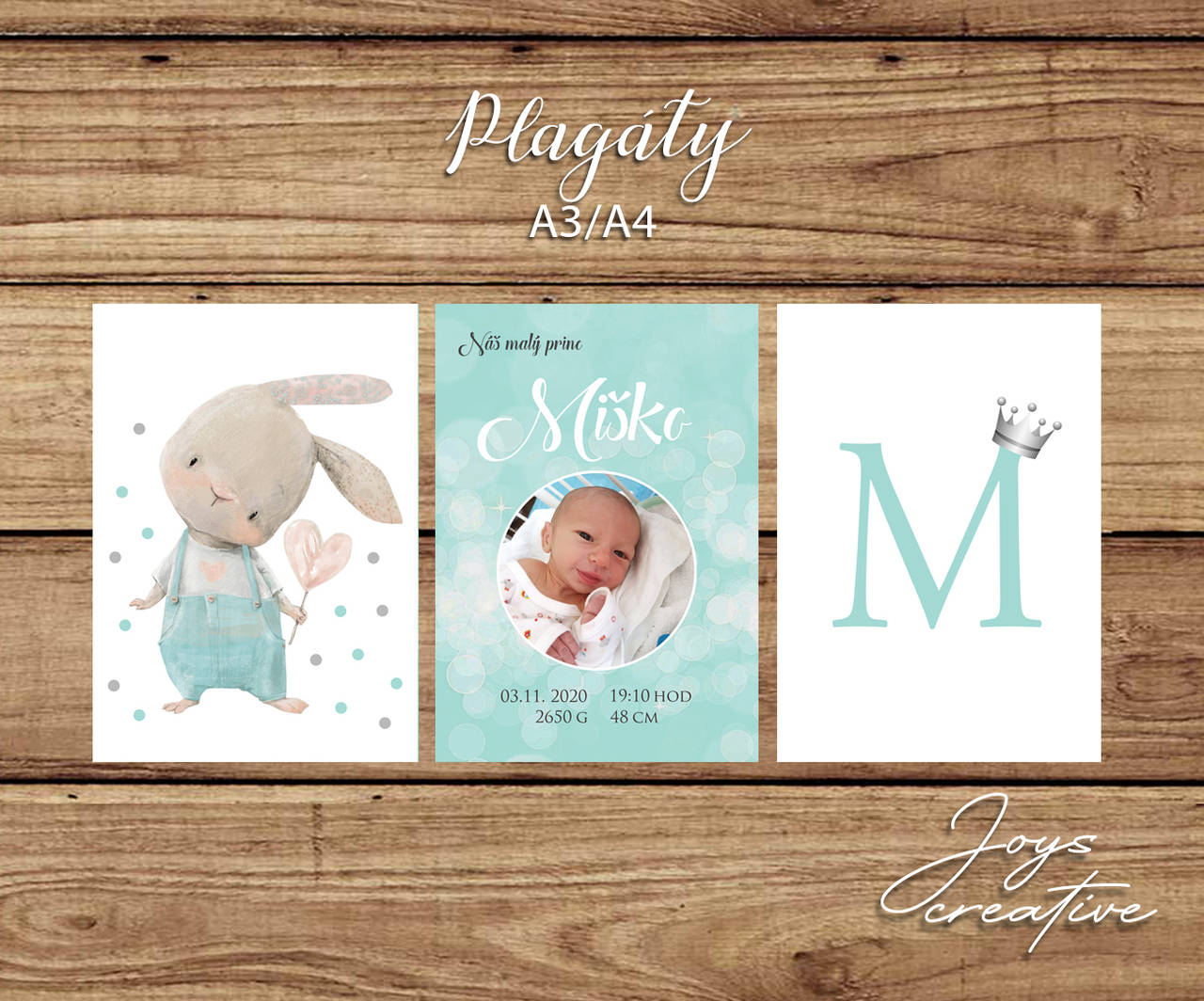 Set 3 kusov plagátov do detskej izby (mentolová s fotkou)