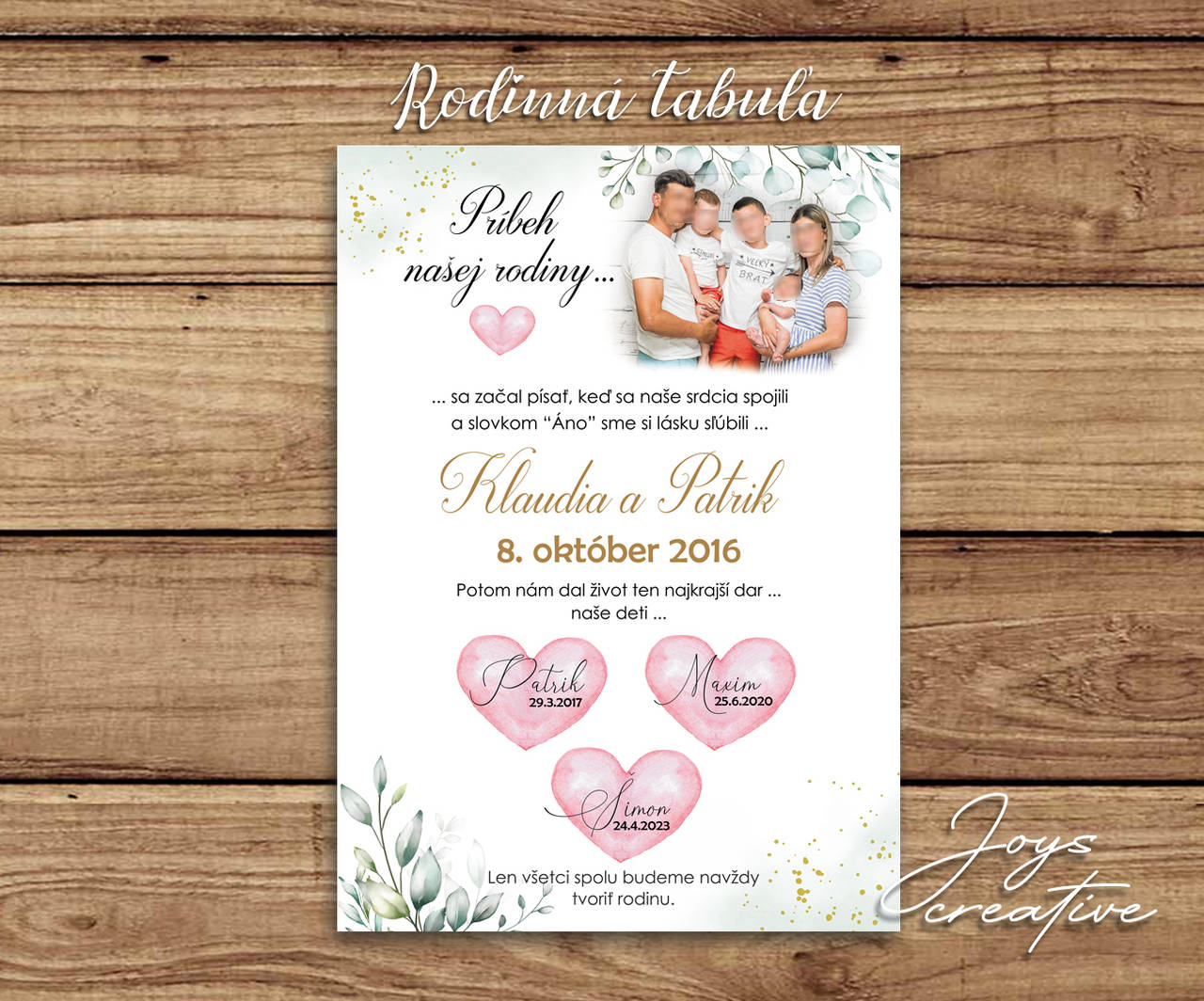 Drevená tabuľa s fotografiou a údajmi o svadbe a narodení (greenery)