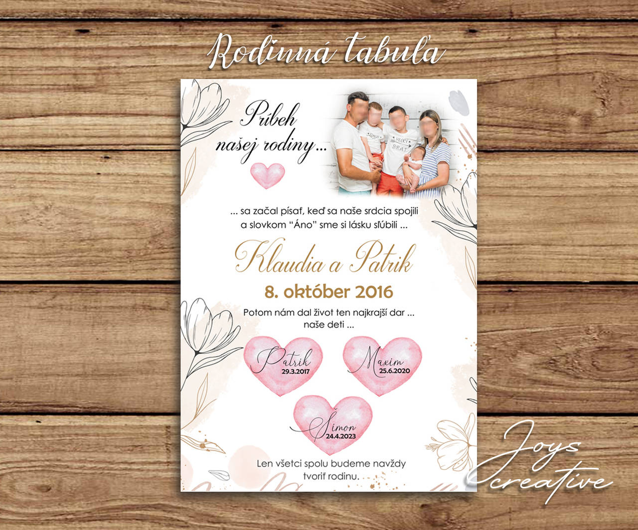 Drevená tabuľa s fotografiou a údajmi o svadbe a narodení (kvety)