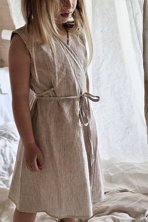 Detské oblečenie - ELIŠKA ľanové zavinovacie šaty BEIGE pásik - 15844154_