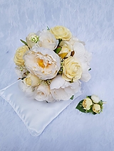 Svadobné pierka - svadobná kytica pre nevestu krémová s pierkom pre ženícha - 15844610_