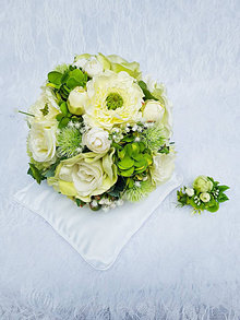 Kytice pre nevestu - svadobná kytica zelená s pierkom pre ženícha - 15844633_