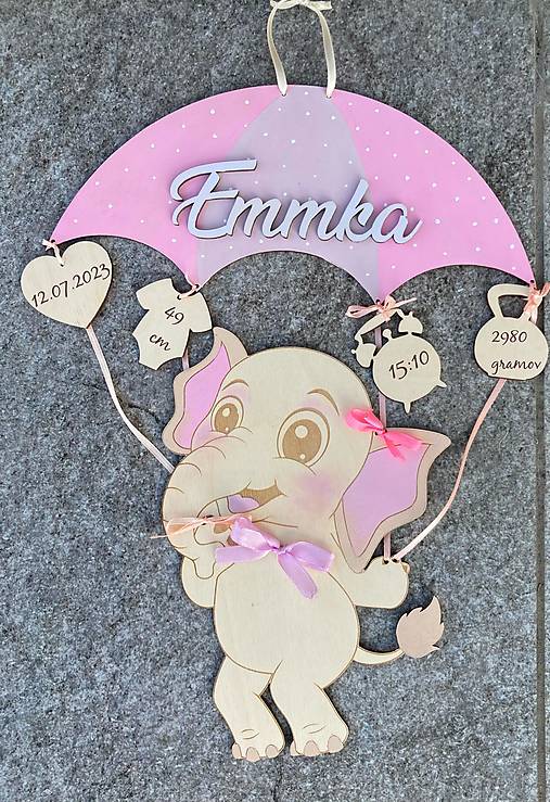 Dekorácie - Údaje o narodení bábätka - závesná dekorácia Sloník (Fialová) - 15850878_