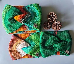 Čiapky, čelenky, klobúky - Pletené čelenky - batikované zelené a oranžové - 15854516_