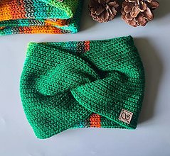 Čiapky, čelenky, klobúky - Pletené čelenky - batikované zelené a oranžové (4. varianta) - 15854520_