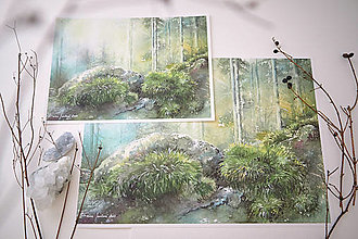 Obrazy - Machový les - Art print originálneho akvarelového obrazu s gvašovými detailmi - 15852939_