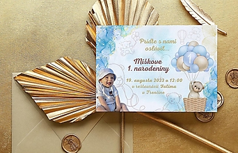Papiernictvo - Narodeninová pozvánka "macko v koši s balónmi” (Pozvánka (15x10cm)) - 15858491_