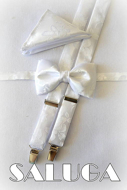 Luxusný svadobný pánsky biely motýlik traky a vreckovka - vzorovaný