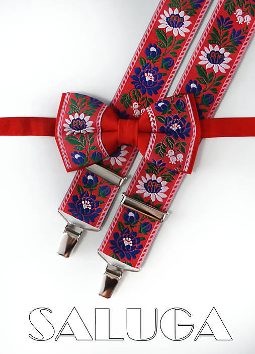 Folklórny pánsky alebo detský červený motýlik a traky - folkový