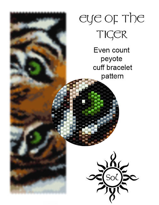 Eye Of The Tiger - vzor pre široký tkaný náramok; návod, vzor, ​​dokonca peyote, pdf, zviera, zviera, Afrika, miyuki